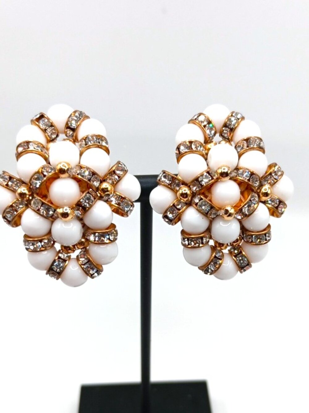 GAY BOYER MINT RARE MILK GLASS CRYSTAL CLUSTER EARRINGS